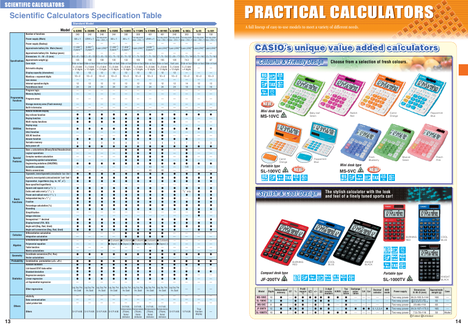 Practical calculators, Scientific calculators specification table, Colourful & friendly design | Stylish & cool design, Scientific calculators, Choose from a selection of fresh colours, Ms-10vc, Sl-100vc | Casio Electronic Calculator User Manual | Page 8 / 16