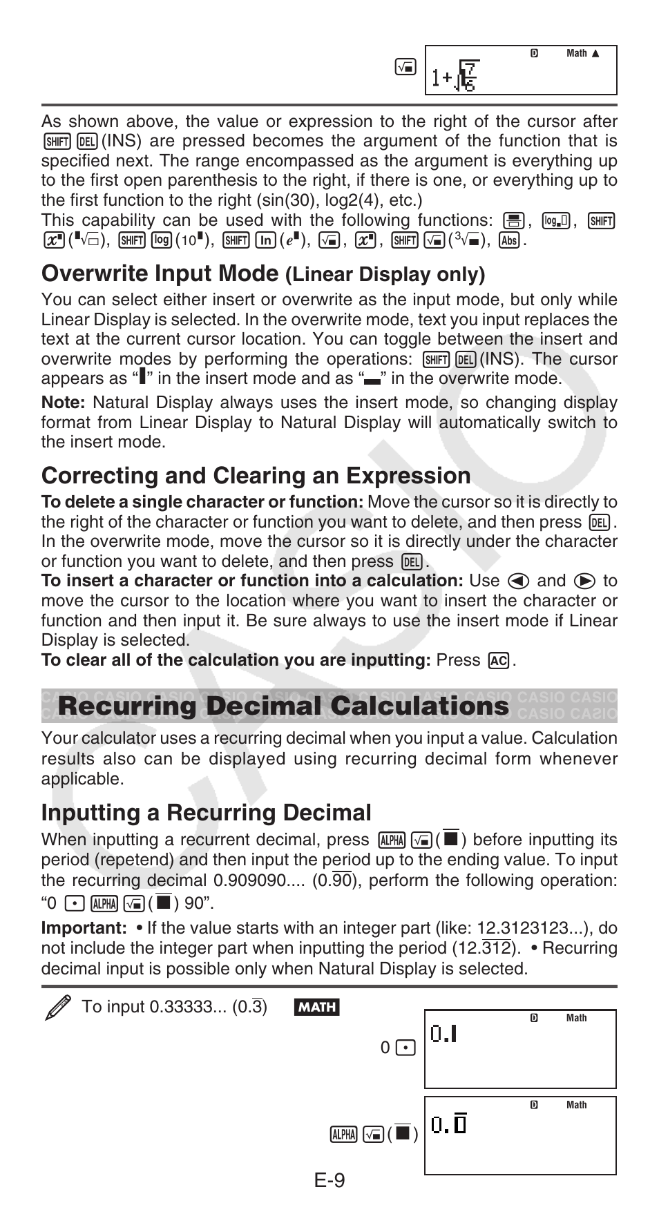 Recurring decimal calculations, Overwrite input mode, Correcting and clearing an expression | Inputting a recurring decimal, Linear display only) | Casio FX-300ESPLUS User Manual | Page 10 / 32