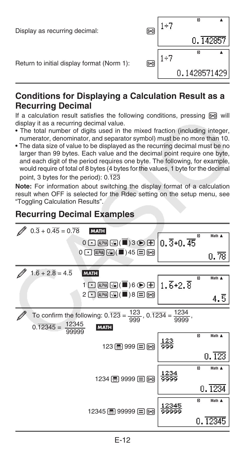 Recurring decimal examples, E-12 | Casio FX-300ESPLUS User Manual | Page 13 / 32