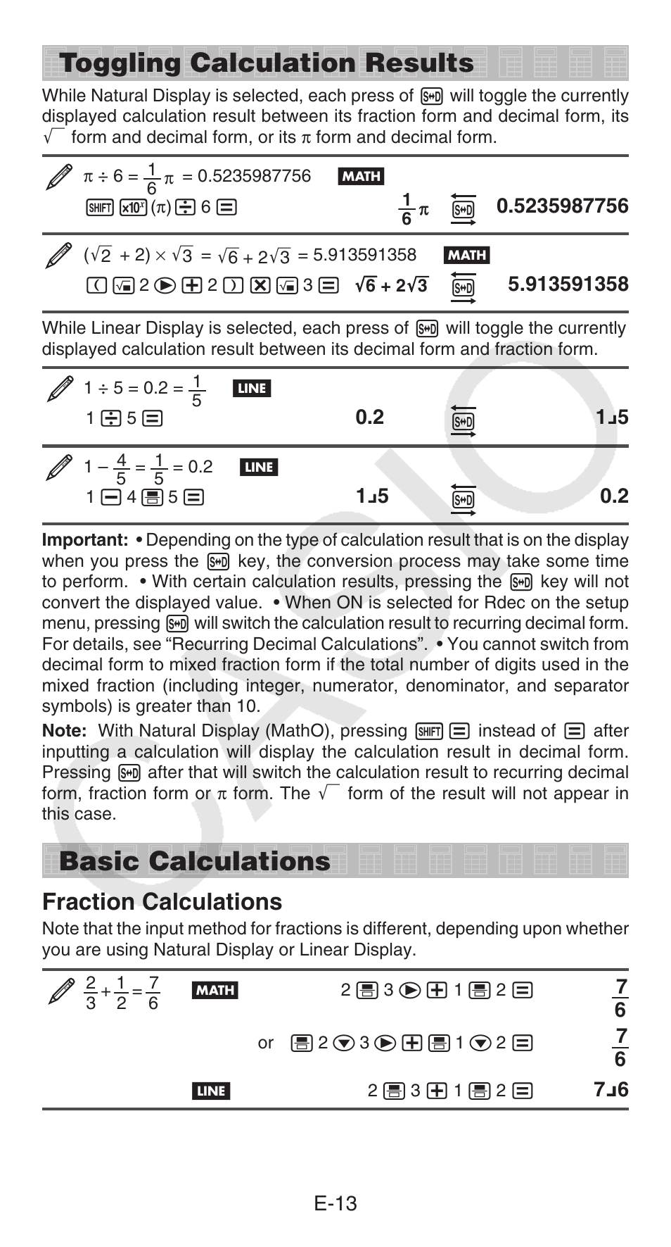 Toggling calculation results, Basic calculations, Fraction calculations | E-13 | Casio FX-300ESPLUS User Manual | Page 14 / 32