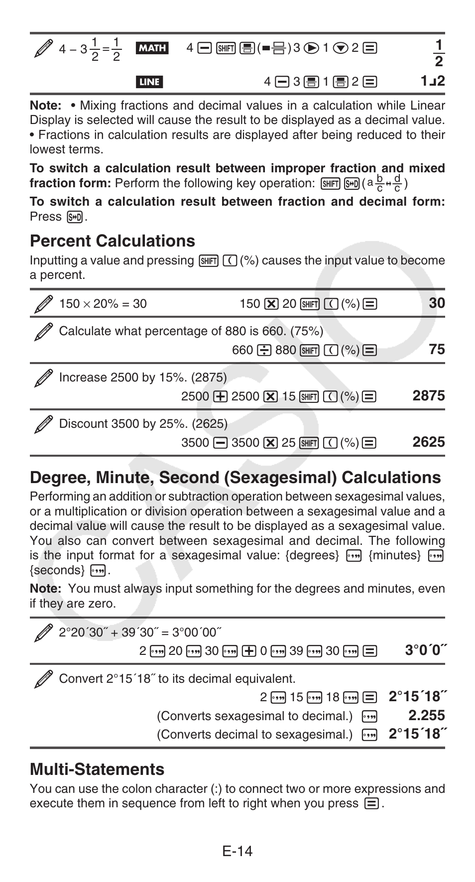 Percent calculations, Degree, minute, second (sexagesimal) calculations, Multi-statements | E-14 | Casio FX-300ESPLUS User Manual | Page 15 / 32