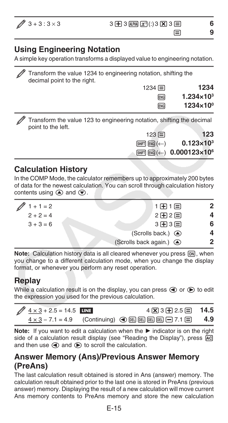 Using engineering notation, Calculation history, Replay | E-15 | Casio FX-300ESPLUS User Manual | Page 16 / 32