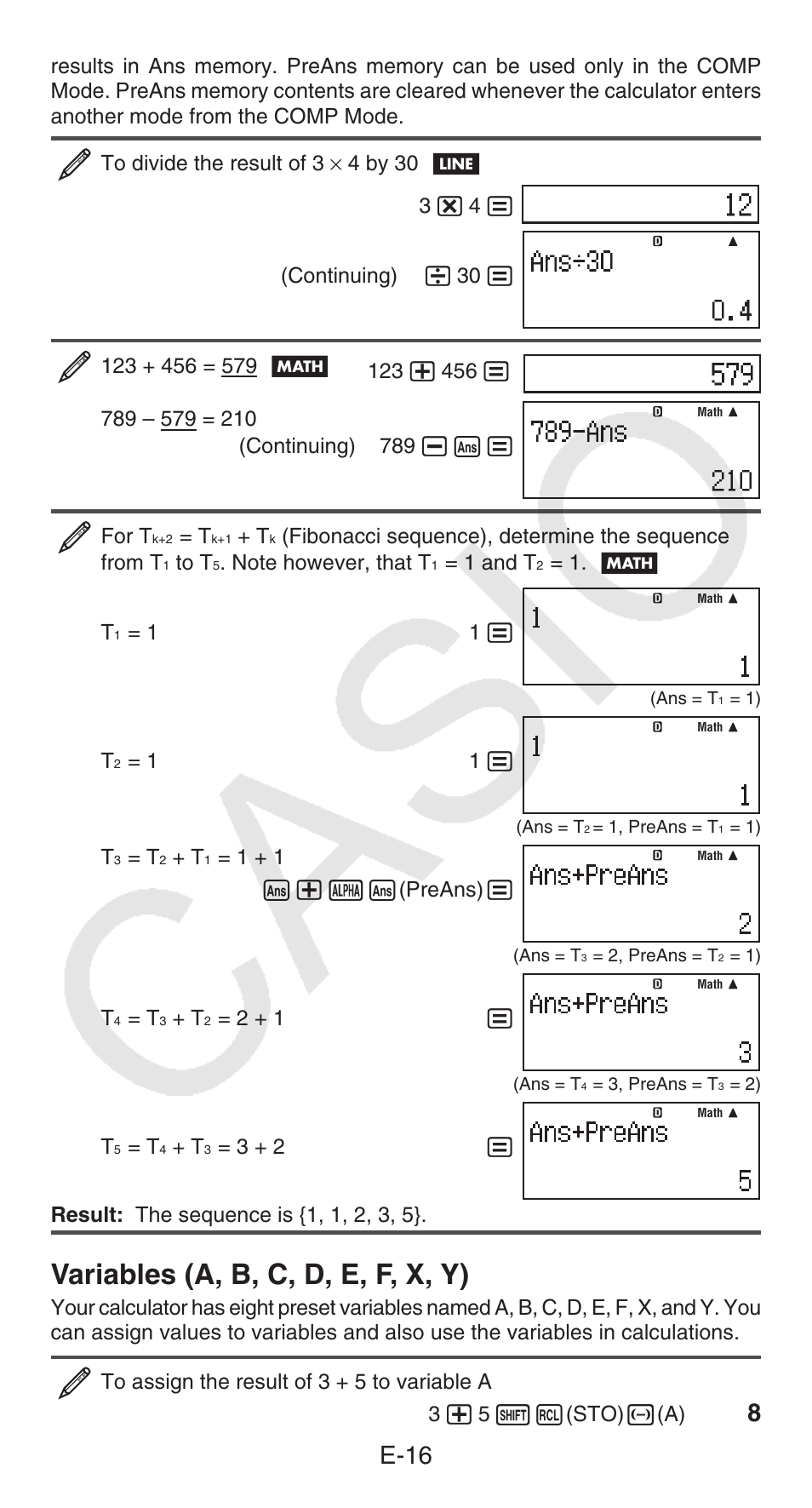 Variables (a, b, c, d, e, f, x, y), E-16 | Casio FX-300ESPLUS User Manual | Page 17 / 32