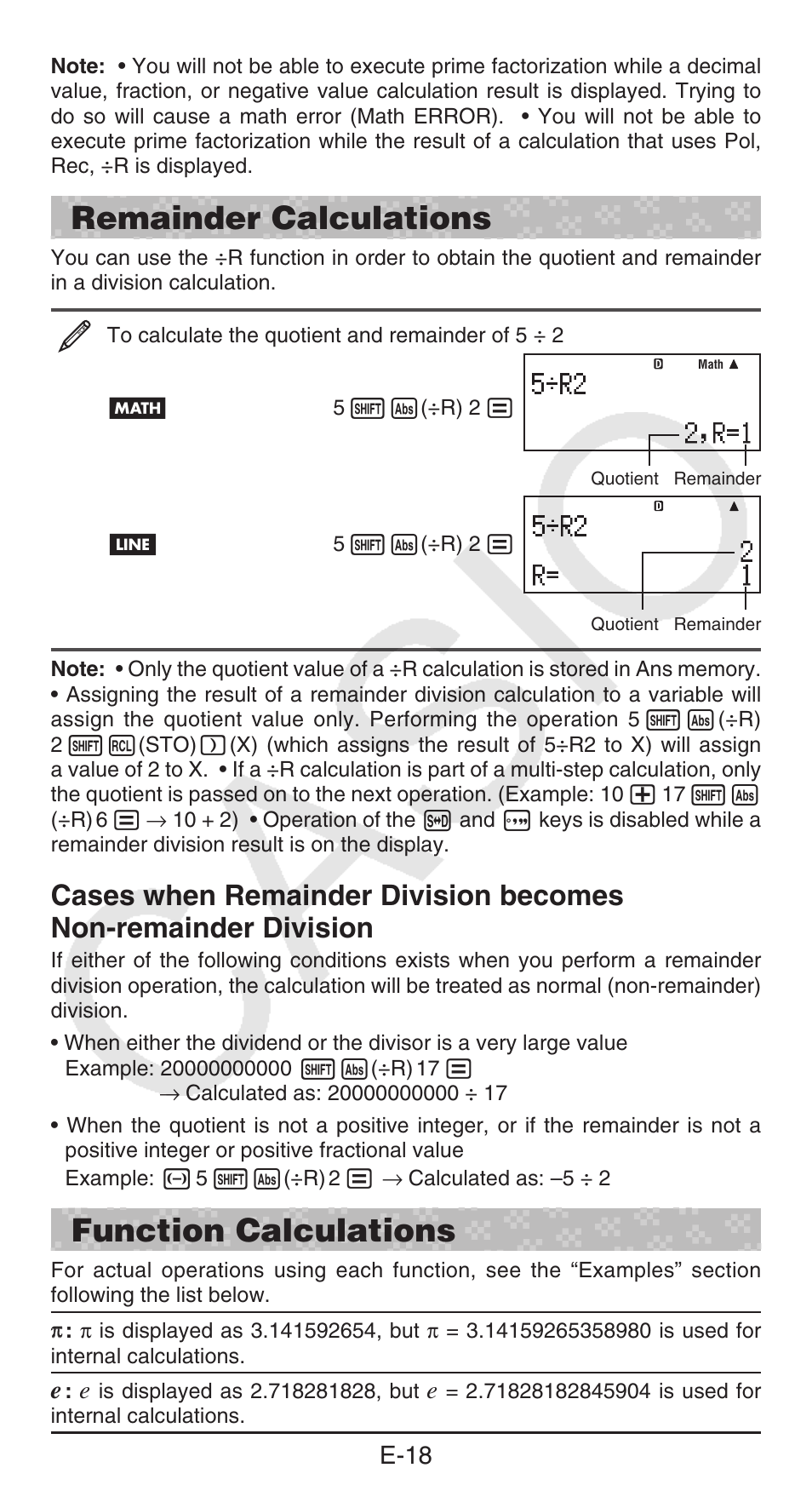 Remainder calculations, Function calculations, E-18 | Casio FX-300ESPLUS User Manual | Page 19 / 32