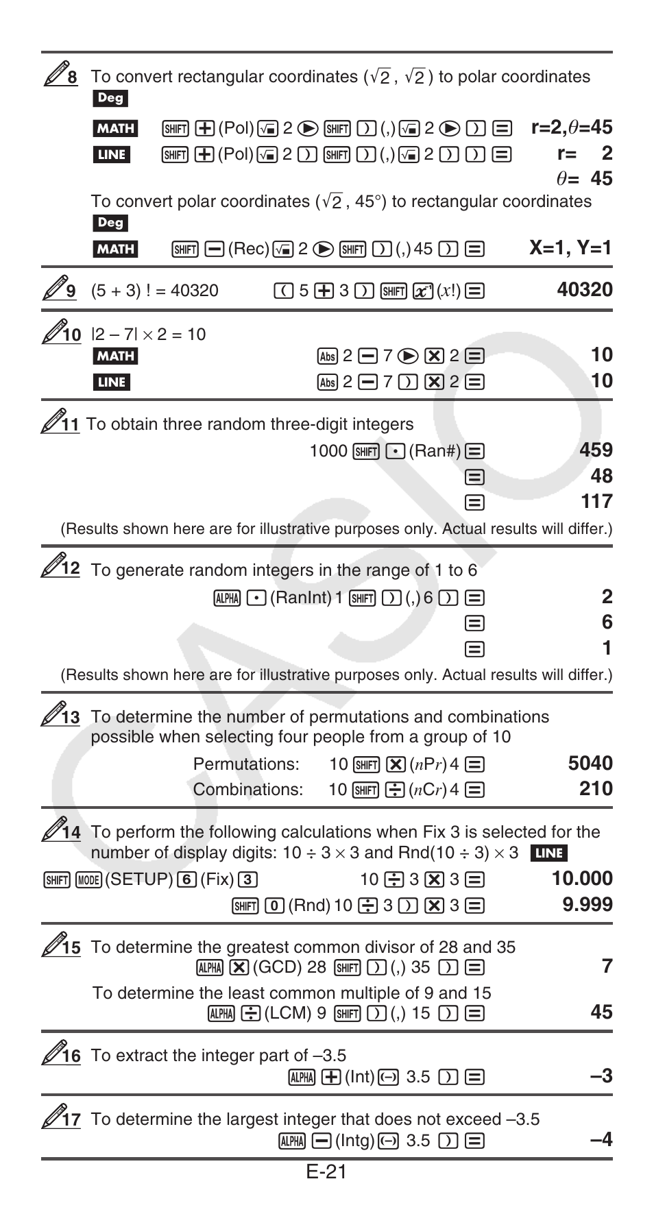 E-21, R=2, ƨ =45, R= 2 ƨ = 45 | X=1, y=1 | Casio FX-300ESPLUS User Manual | Page 22 / 32