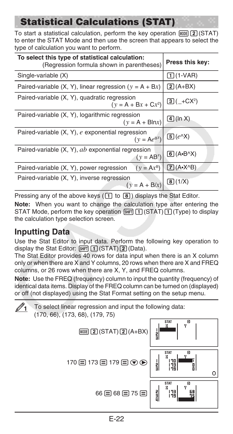 Statistical calculations (stat), Inputting data, E-22 | Casio FX-300ESPLUS User Manual | Page 23 / 32