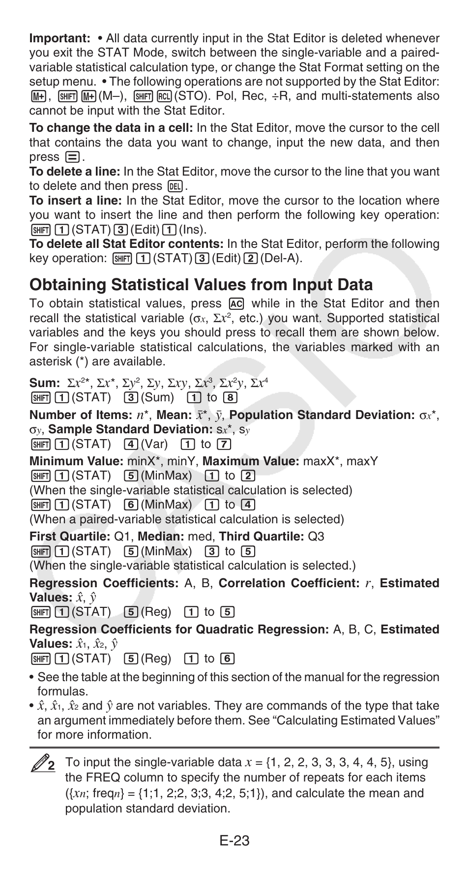 Obtaining statistical values from input data, E-23 | Casio FX-300ESPLUS User Manual | Page 24 / 32