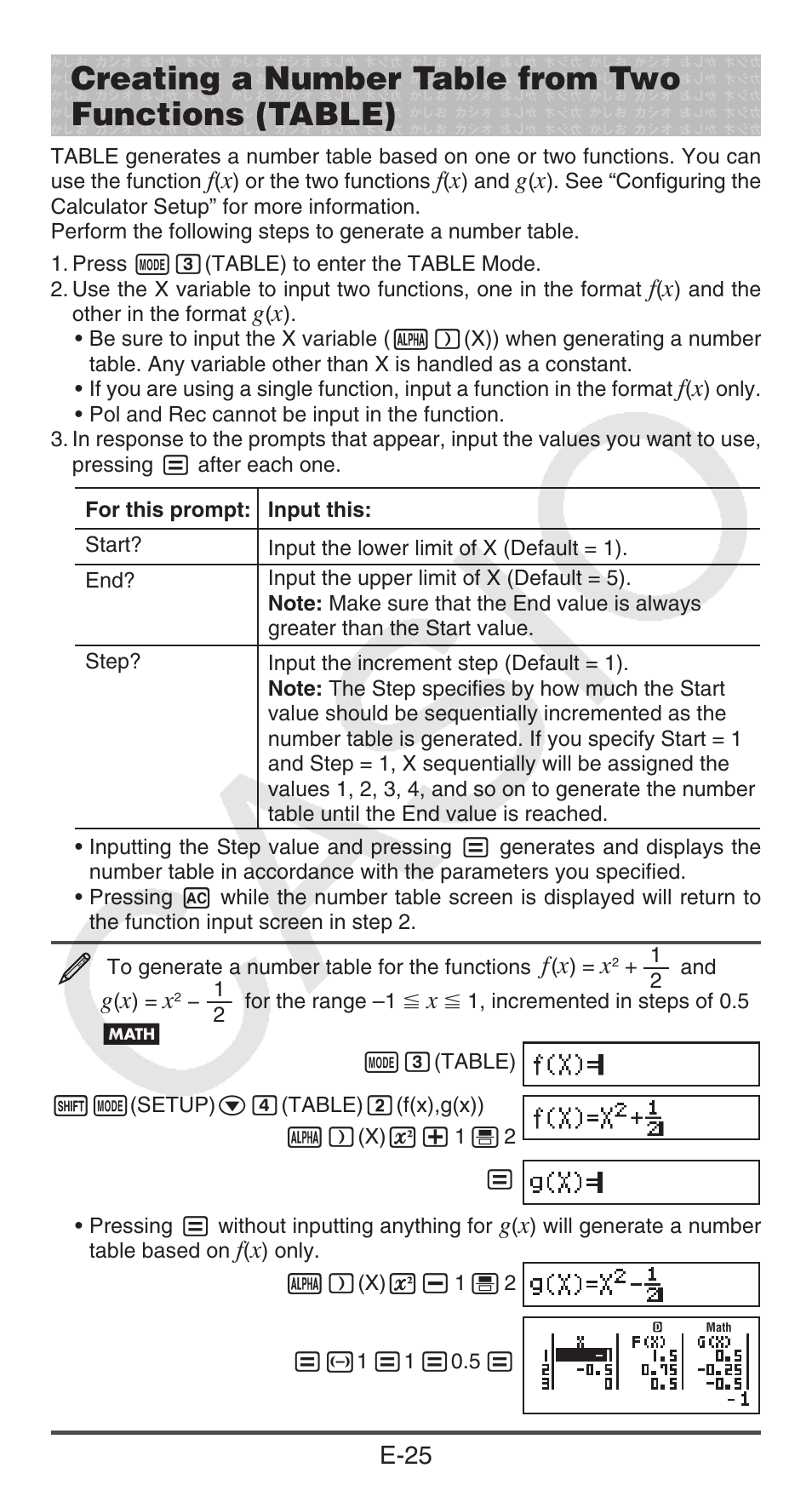 Creating a number table from two functions (table), E-25 | Casio FX-300ESPLUS User Manual | Page 26 / 32