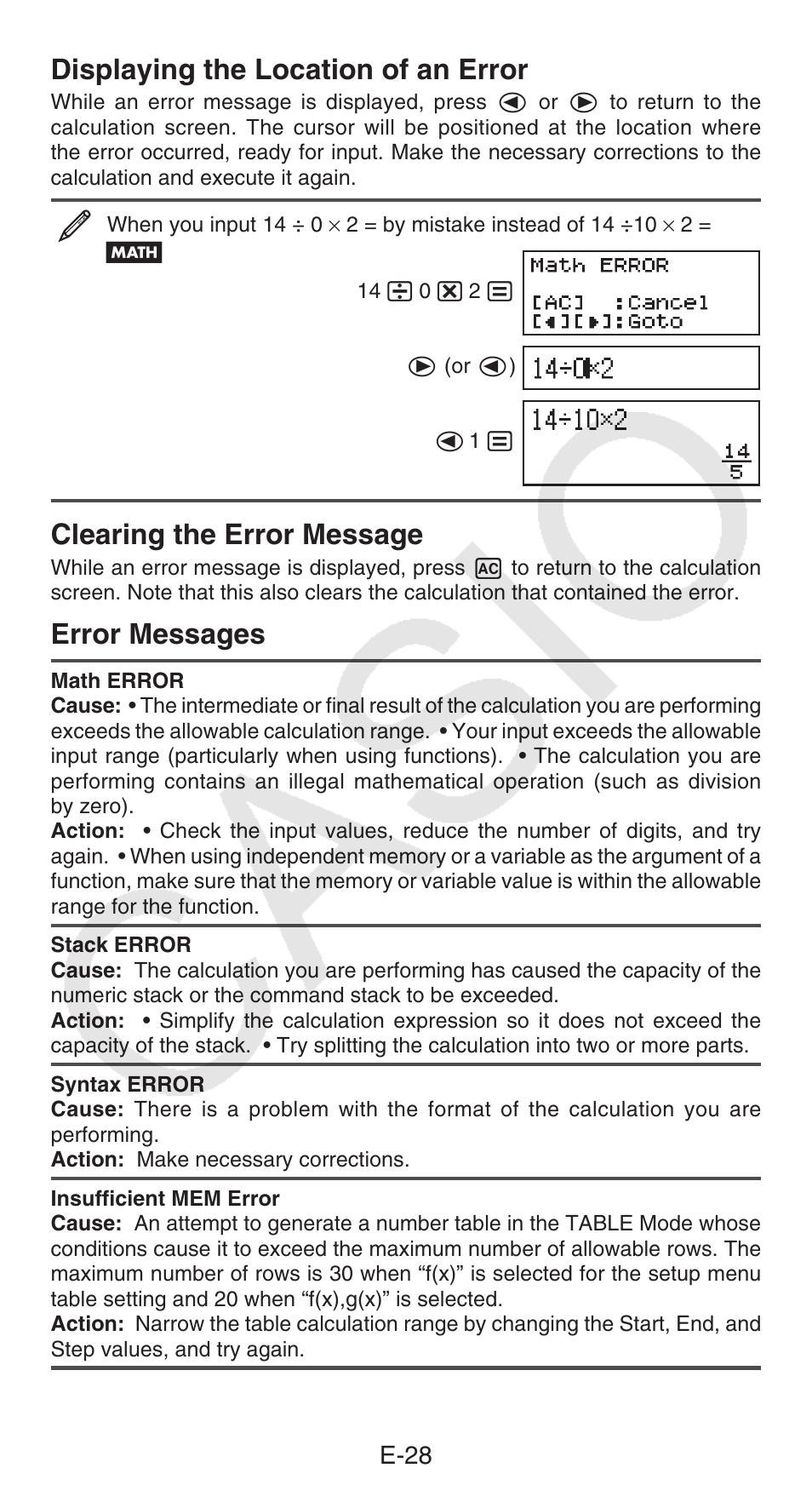 Displaying the location of an error, Clearing the error message, Error messages | E-28 | Casio FX-300ESPLUS User Manual | Page 29 / 32