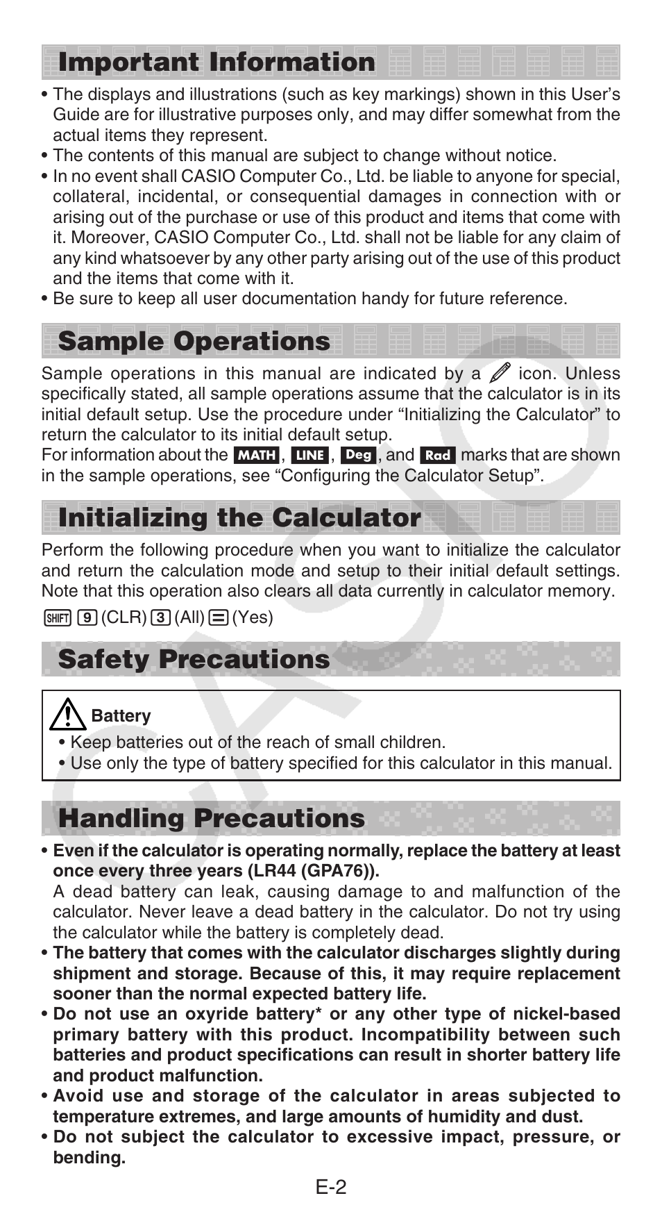 Important information, Sample operations, Initializing the calculator | Safety precautions, Handling precautions | Casio FX-300ESPLUS User Manual | Page 3 / 32