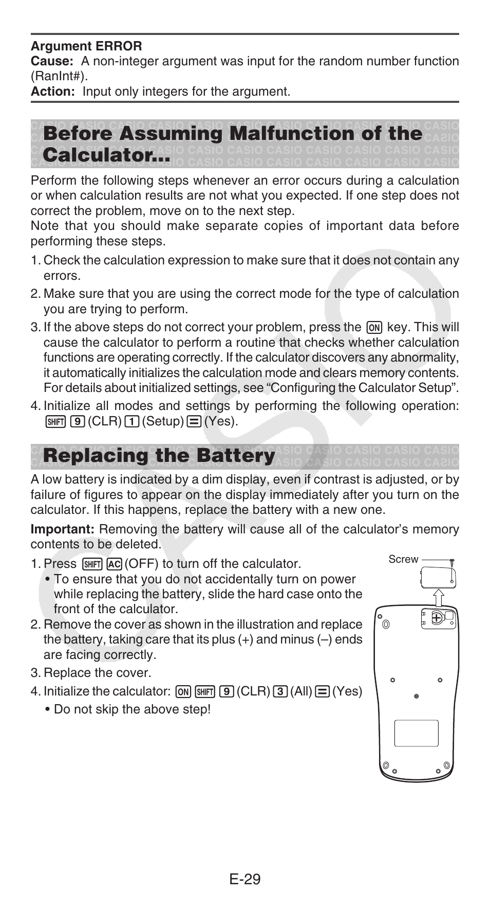 Before assuming malfunction of the calculator, Replacing the battery, E-29 | Casio FX-300ESPLUS User Manual | Page 30 / 32