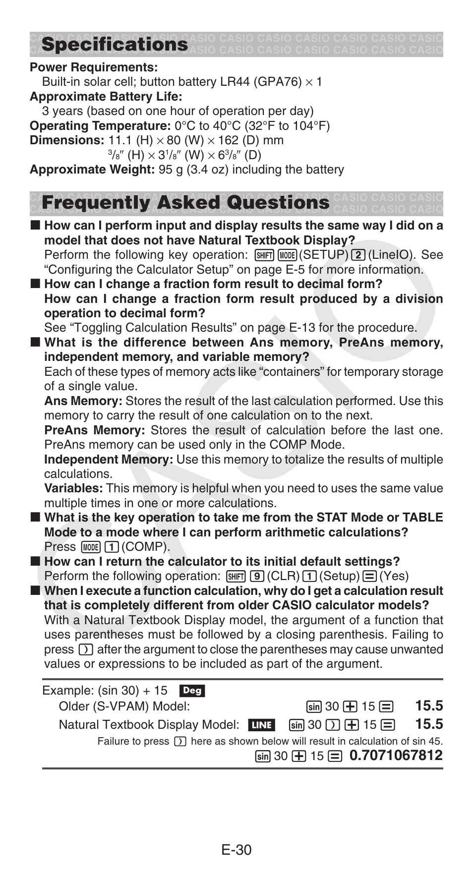 Specifications, Frequently asked questions, E-30 | Casio FX-300ESPLUS User Manual | Page 31 / 32