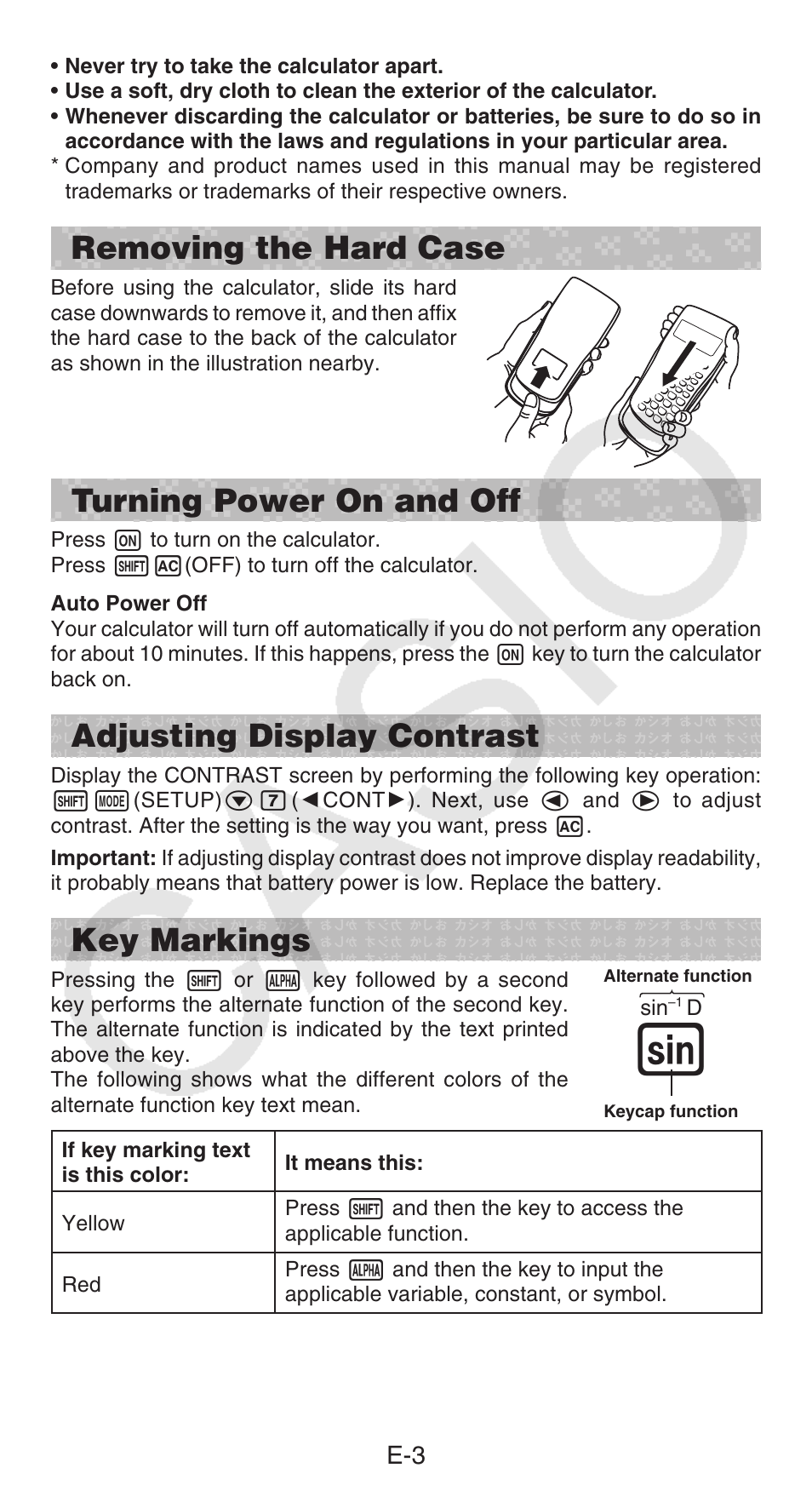 Removing the hard case, Turning power on and off, Adjusting display contrast | Key markings | Casio FX-300ESPLUS User Manual | Page 4 / 32