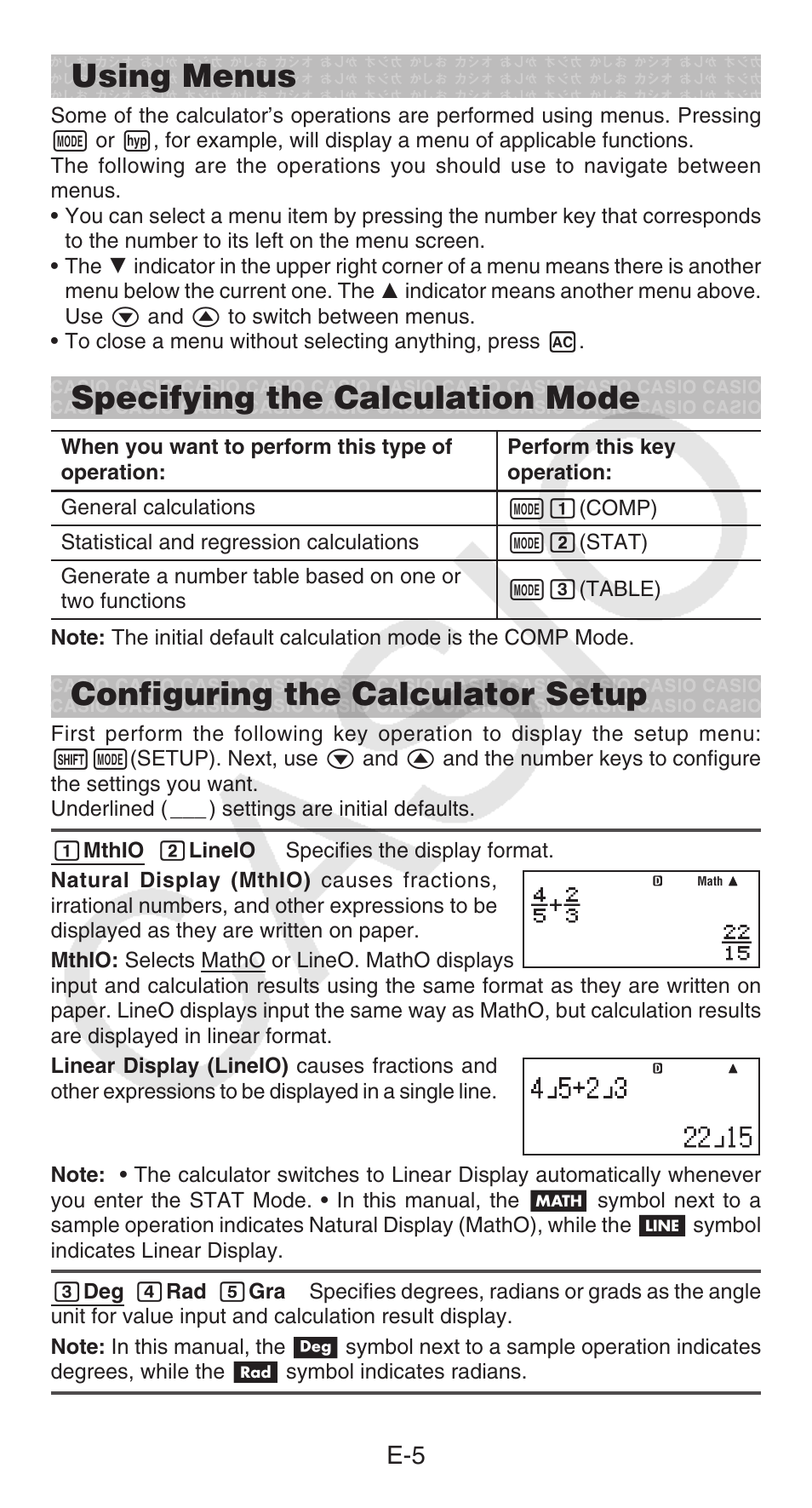 Using menus, Specifying the calculation mode, Configuring the calculator setup | Casio FX-300ESPLUS User Manual | Page 6 / 32