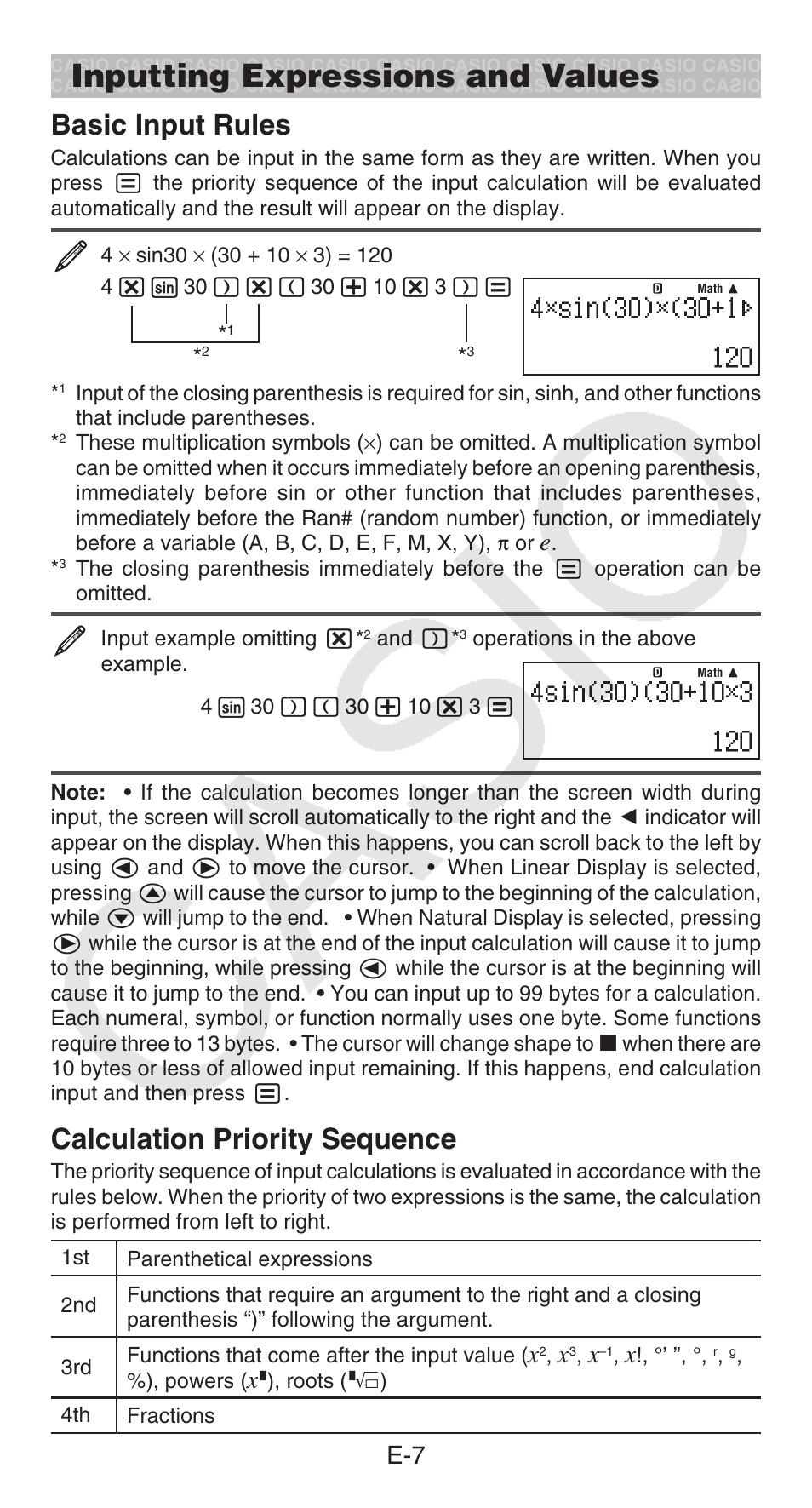 Inputting expressions and values, Basic input rules, Calculation priority sequence | Casio FX-300ESPLUS User Manual | Page 8 / 32
