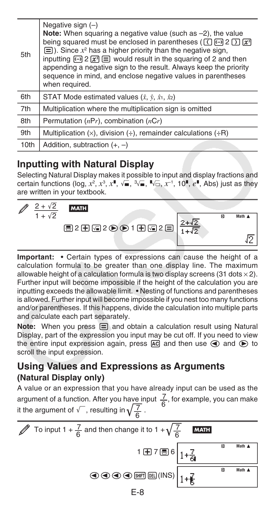 Inputting with natural display, Using values and expressions as arguments, Natural display only) | Casio FX-300ESPLUS User Manual | Page 9 / 32