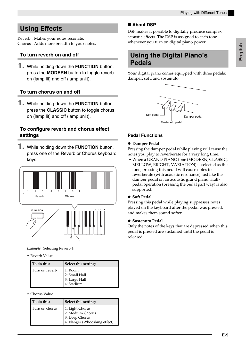 Using effects, Using the digital piano’s pedals | Casio PRIVIA PX735-ES-1A User Manual | Page 11 / 42
