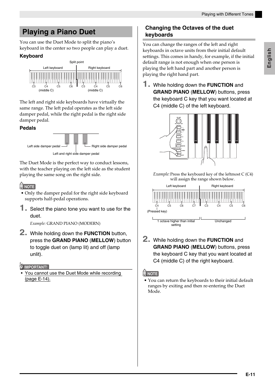 Playing a piano duet, Changing the octaves of the duet keyboards | Casio PRIVIA PX735-ES-1A User Manual | Page 13 / 42