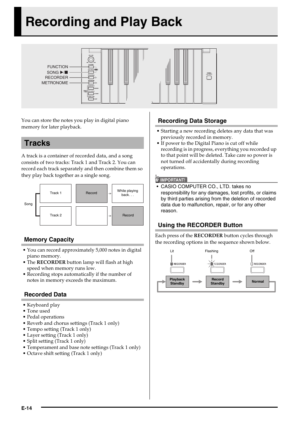 Recording and play back, Tracks, Recorded data | Recording data storage, Using the recorder button | Casio PRIVIA PX735-ES-1A User Manual | Page 16 / 42