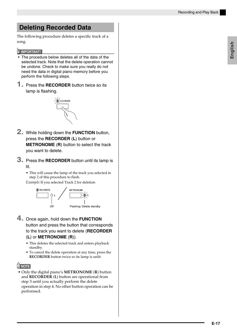 Deleting recorded data | Casio PRIVIA PX735-ES-1A User Manual | Page 19 / 42