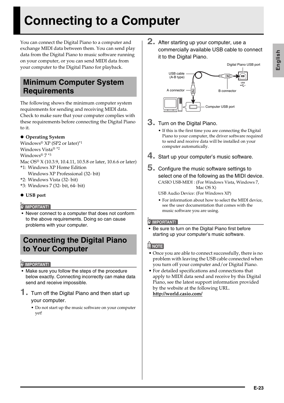 Connecting to a computer, Minimum computer system requirements, Connecting the digital piano to your computer | Casio PRIVIA PX735-ES-1A User Manual | Page 25 / 42