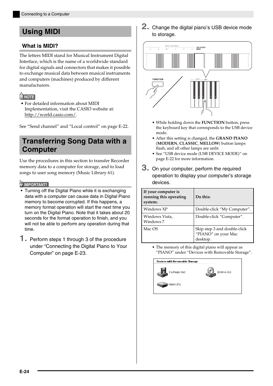 Using midi transferring song data with a computer | Casio PRIVIA PX735-ES-1A User Manual | Page 26 / 42