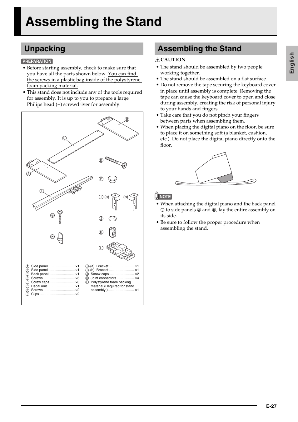 Assembling the stand, Unpacking, Ab d e i | Casio PRIVIA PX735-ES-1A User Manual | Page 29 / 42