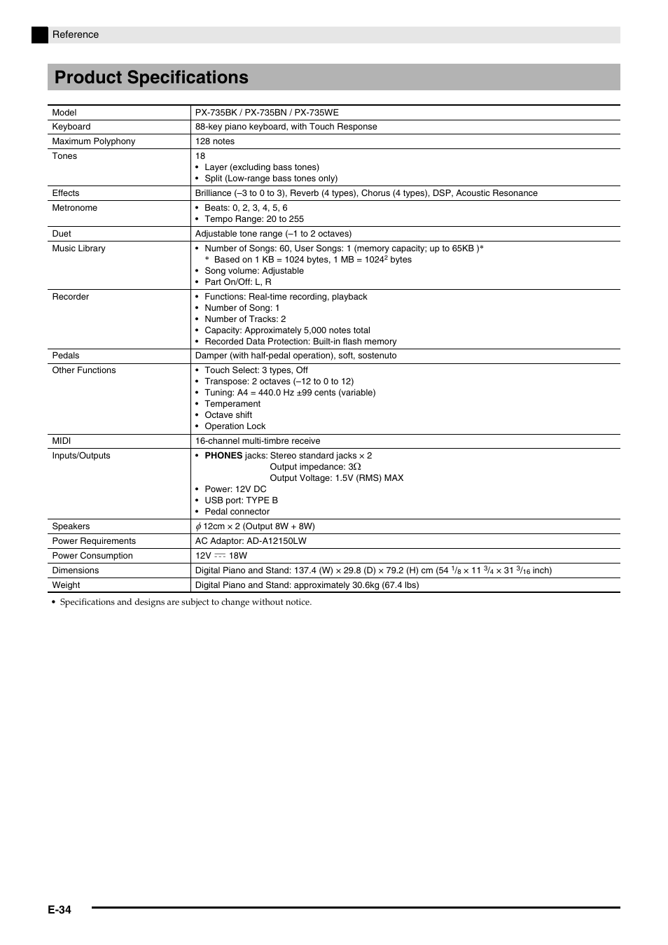 Product specifications | Casio PRIVIA PX735-ES-1A User Manual | Page 36 / 42