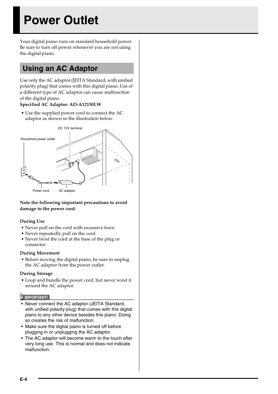 Power outlet, Using an ac adaptor | Casio PRIVIA PX735-ES-1A User Manual | Page 6 / 42