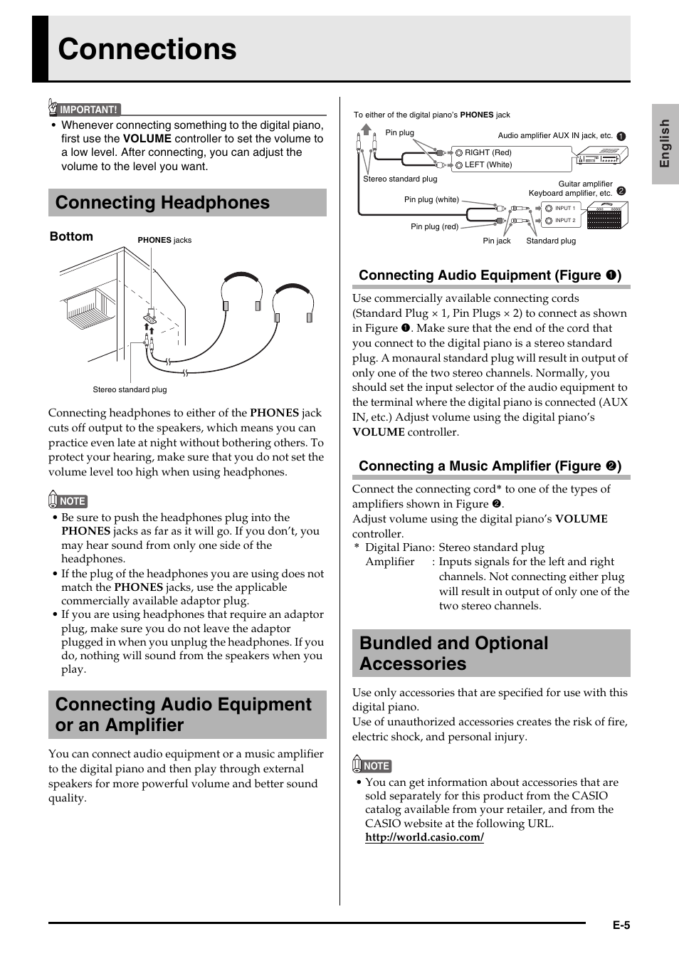 Connections, Bundled and optional accessories, Connecting audio equipment (figure 1 ) | Connecting a music amplifier (figure 2 ) | Casio PRIVIA PX735-ES-1A User Manual | Page 7 / 42