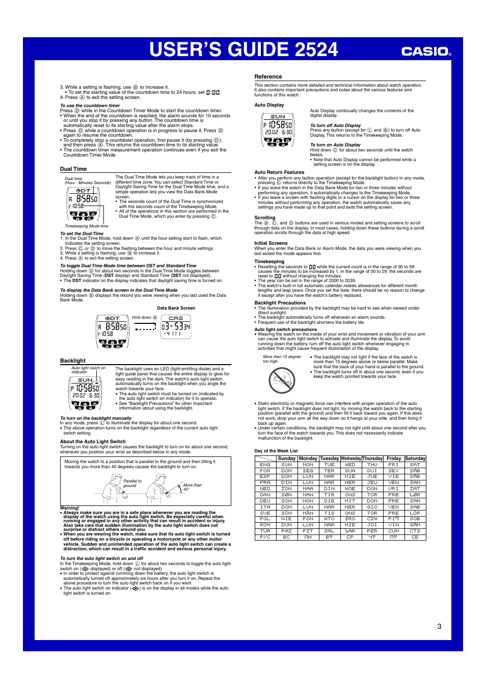 Dual time, Backlight, Reference | User’s guide 2524 | Casio 2524 User Manual | Page 3 / 4