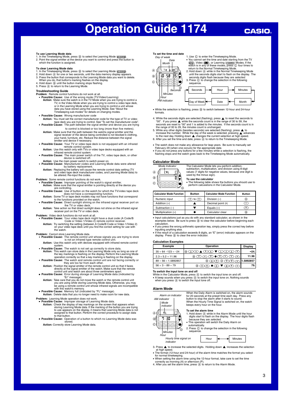 Calculator mode, Alarm mode, Operation guide 1174 | Casio 1174 User Manual | Page 3 / 4