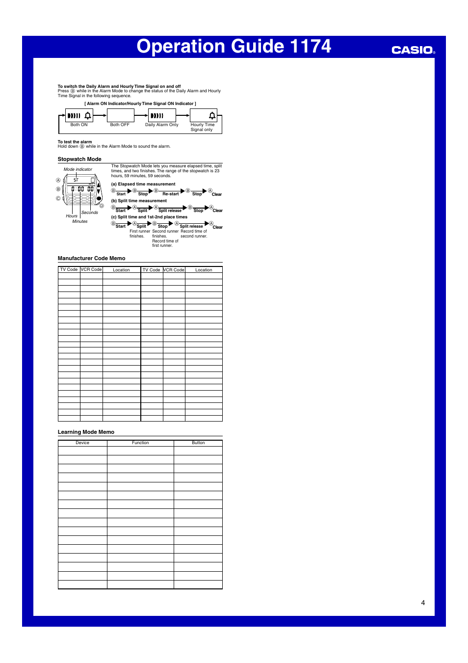 Stopwatch mode, Manufacturer code memo, Learning mode memo | Operation guide 1174 | Casio 1174 User Manual | Page 4 / 4