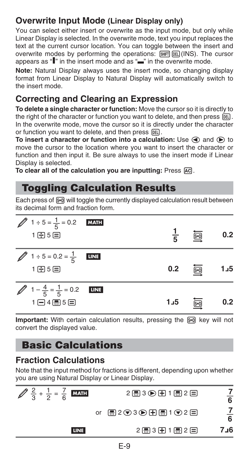 Toggling calculation results, Basic calculations, Overwrite input mode | Correcting and clearing an expression, Fraction calculations | Casio FX-82AU PLUS User Manual | Page 10 / 24