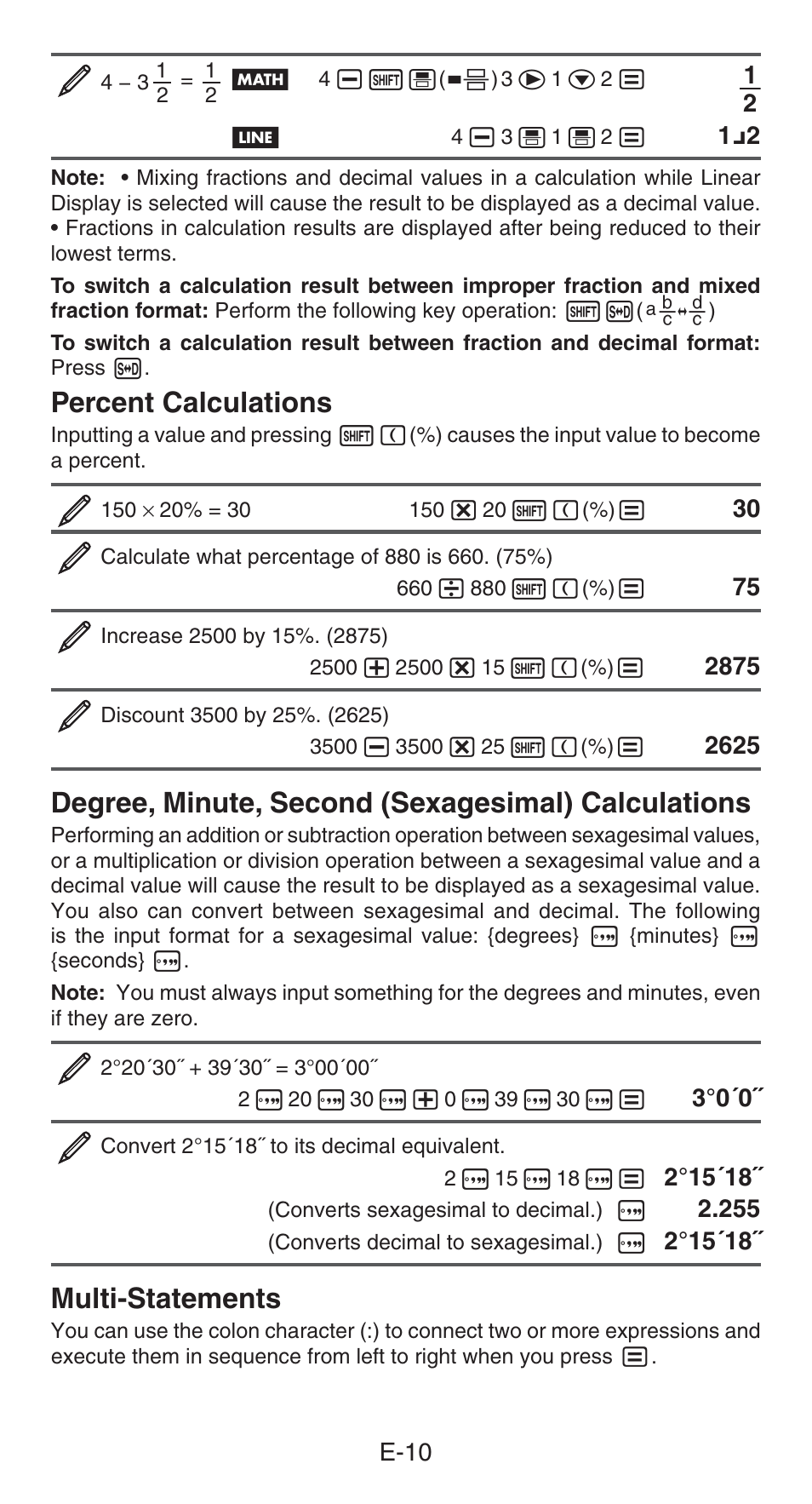 Percent calculations, Degree, minute, second (sexagesimal) calculations, Multi-statements | Casio FX-82AU PLUS User Manual | Page 11 / 24