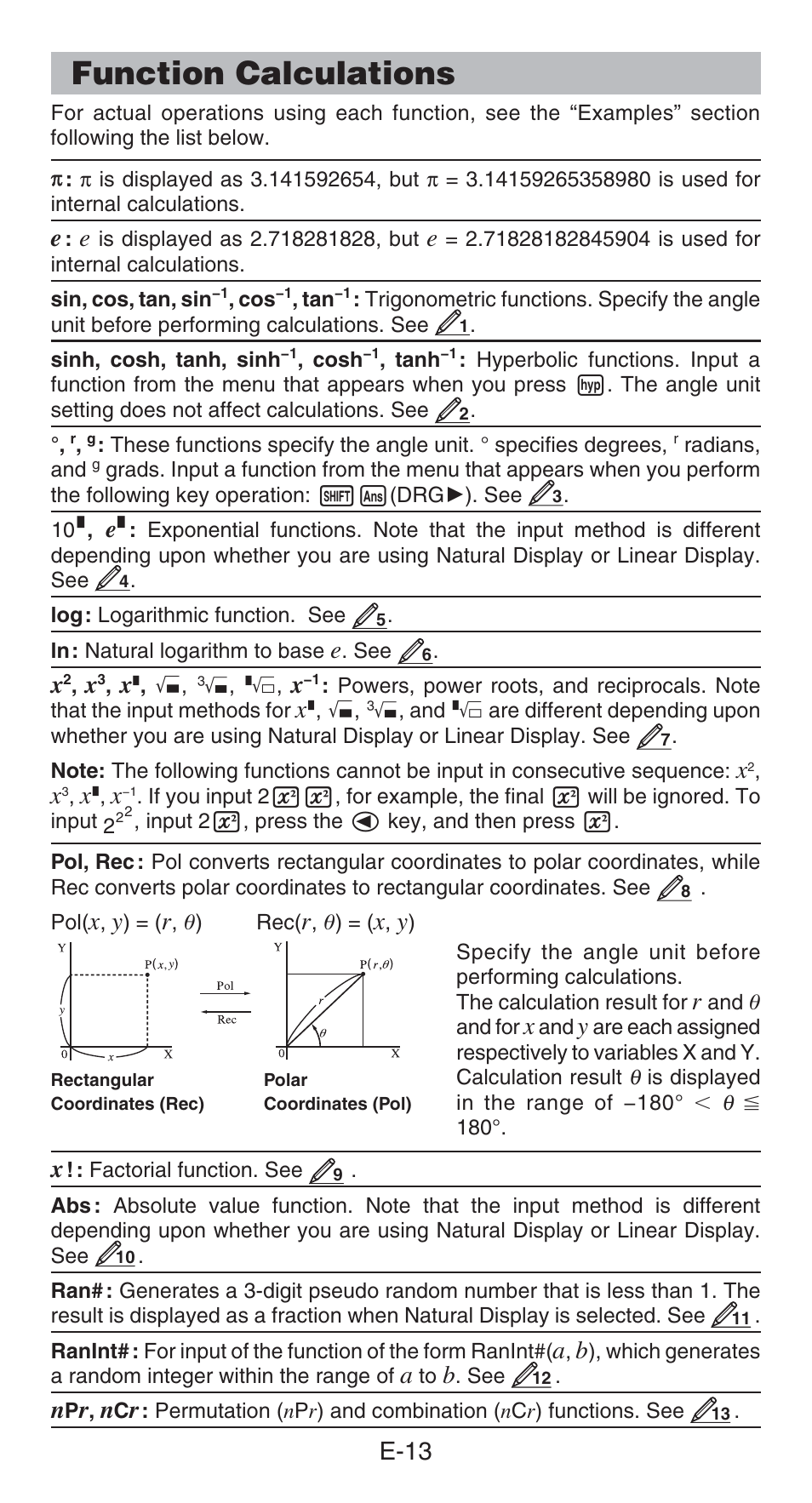 Function calculations, E-13 | Casio FX-82AU PLUS User Manual | Page 14 / 24