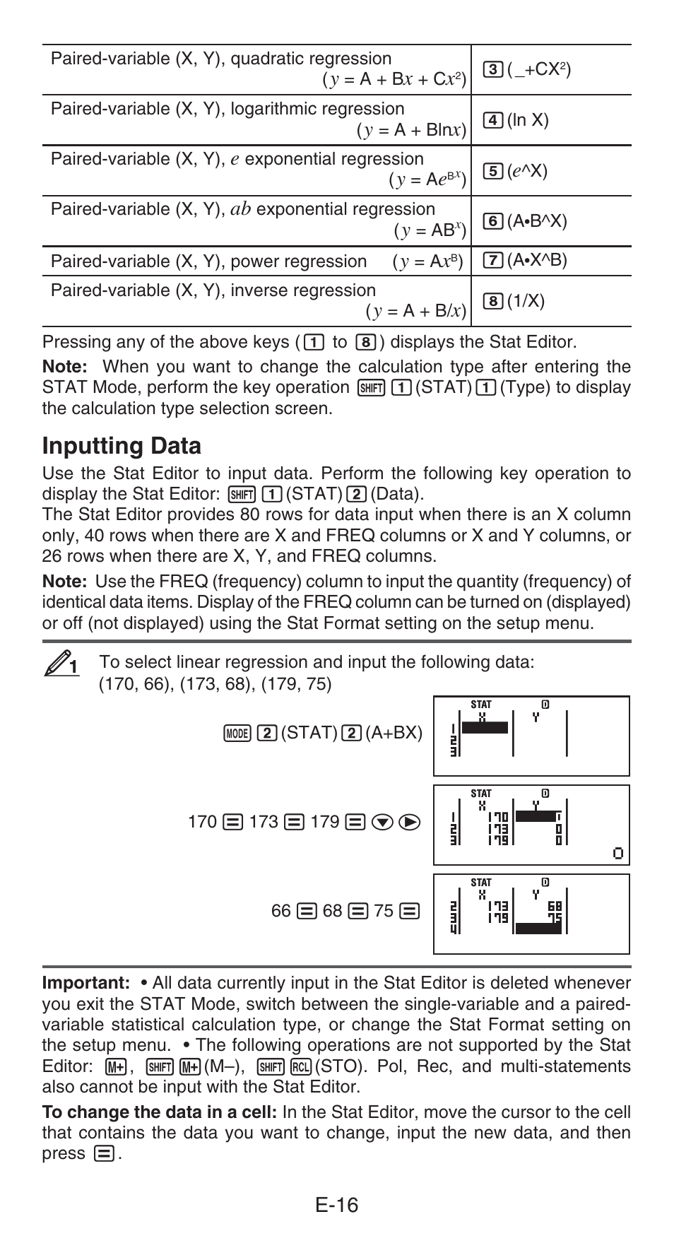 Inputting data, E-16 | Casio FX-82AU PLUS User Manual | Page 17 / 24