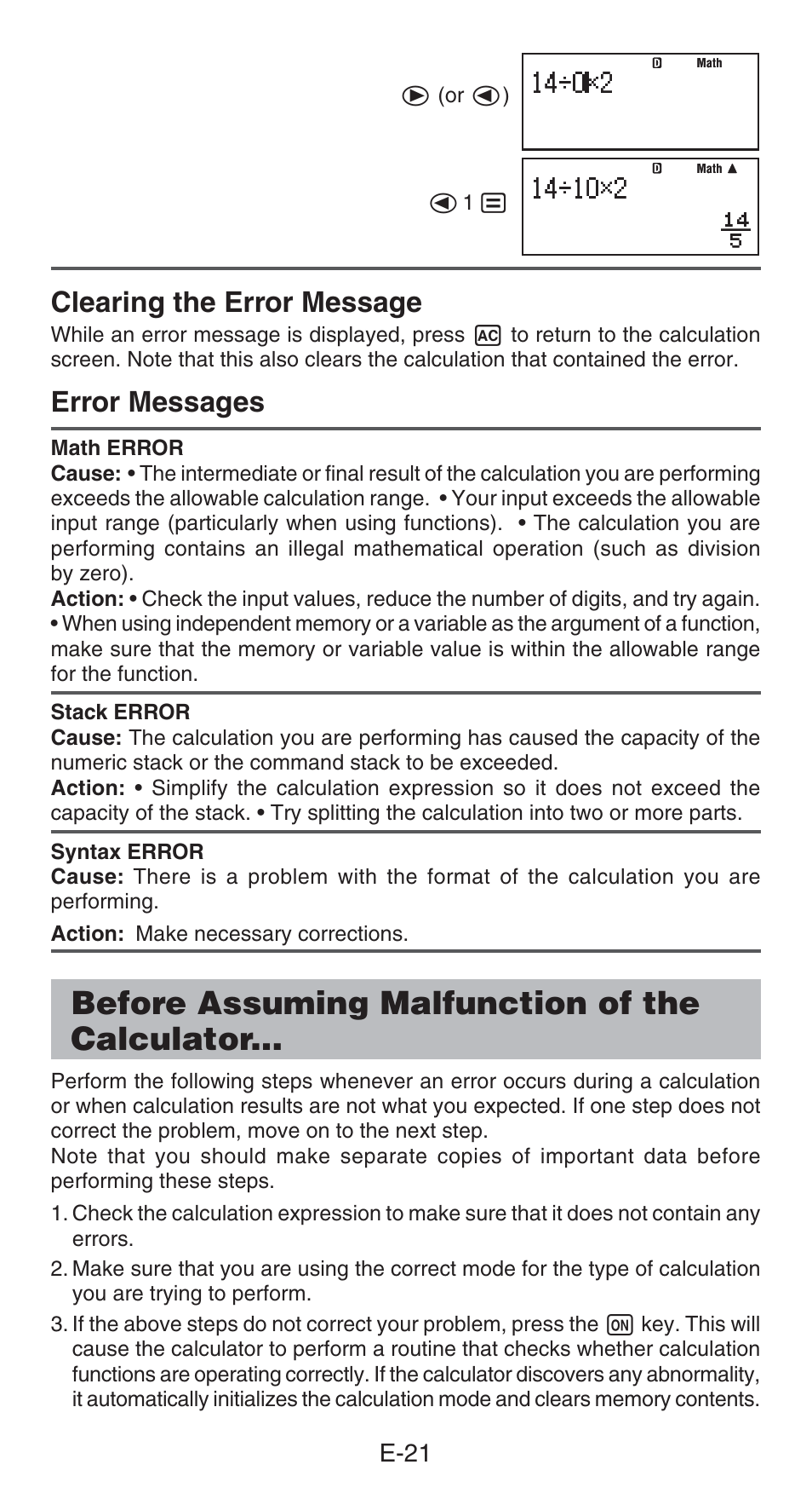 Before assuming malfunction of the calculator, Clearing the error message, Error messages | Casio FX-82AU PLUS User Manual | Page 22 / 24