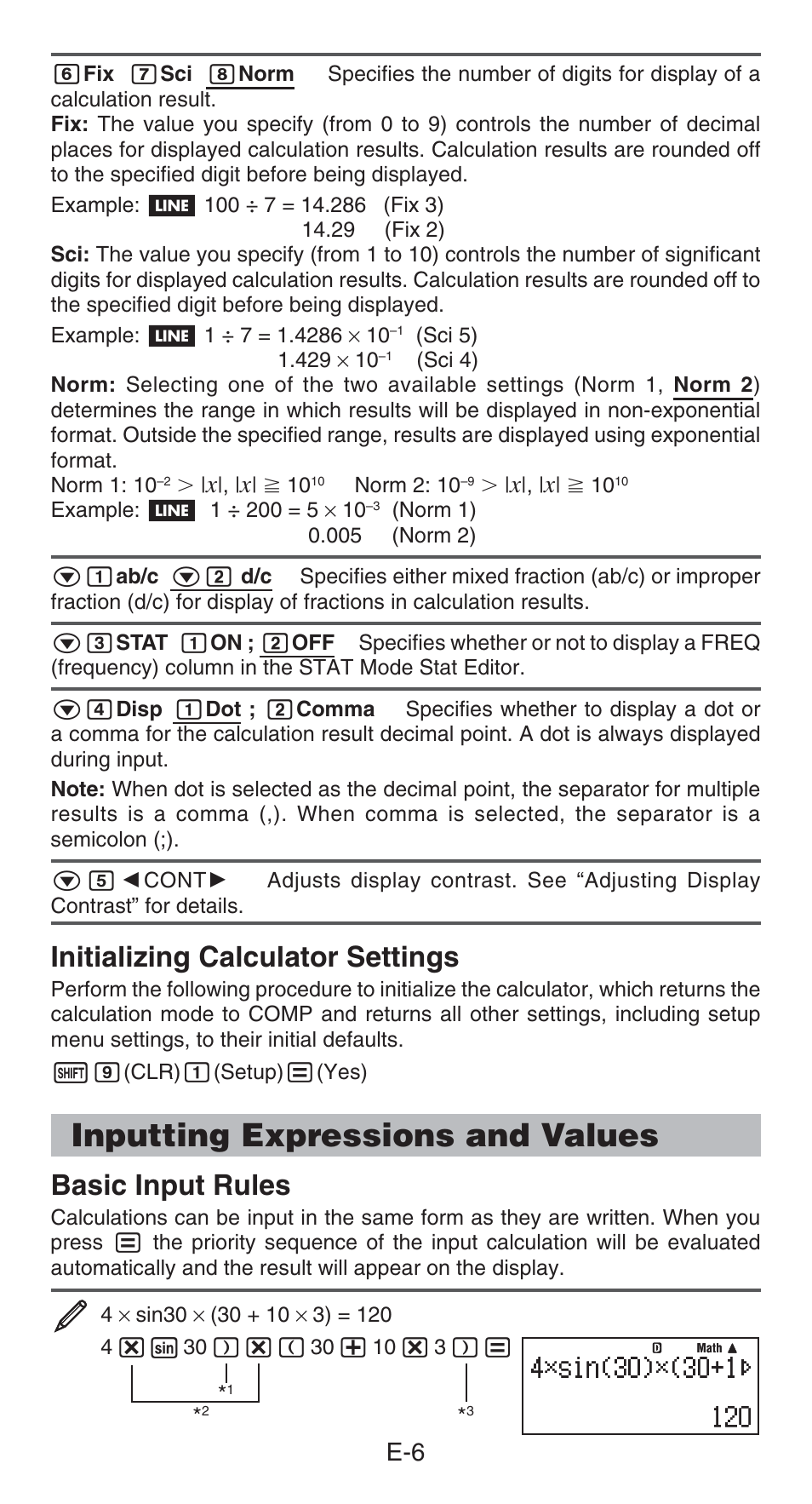 Inputting expressions and values, Initializing calculator settings, Basic input rules | Casio FX-82AU PLUS User Manual | Page 7 / 24
