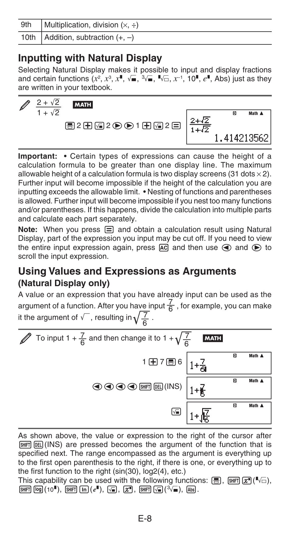 Inputting with natural display, Using values and expressions as arguments | Casio FX-82AU PLUS User Manual | Page 9 / 24