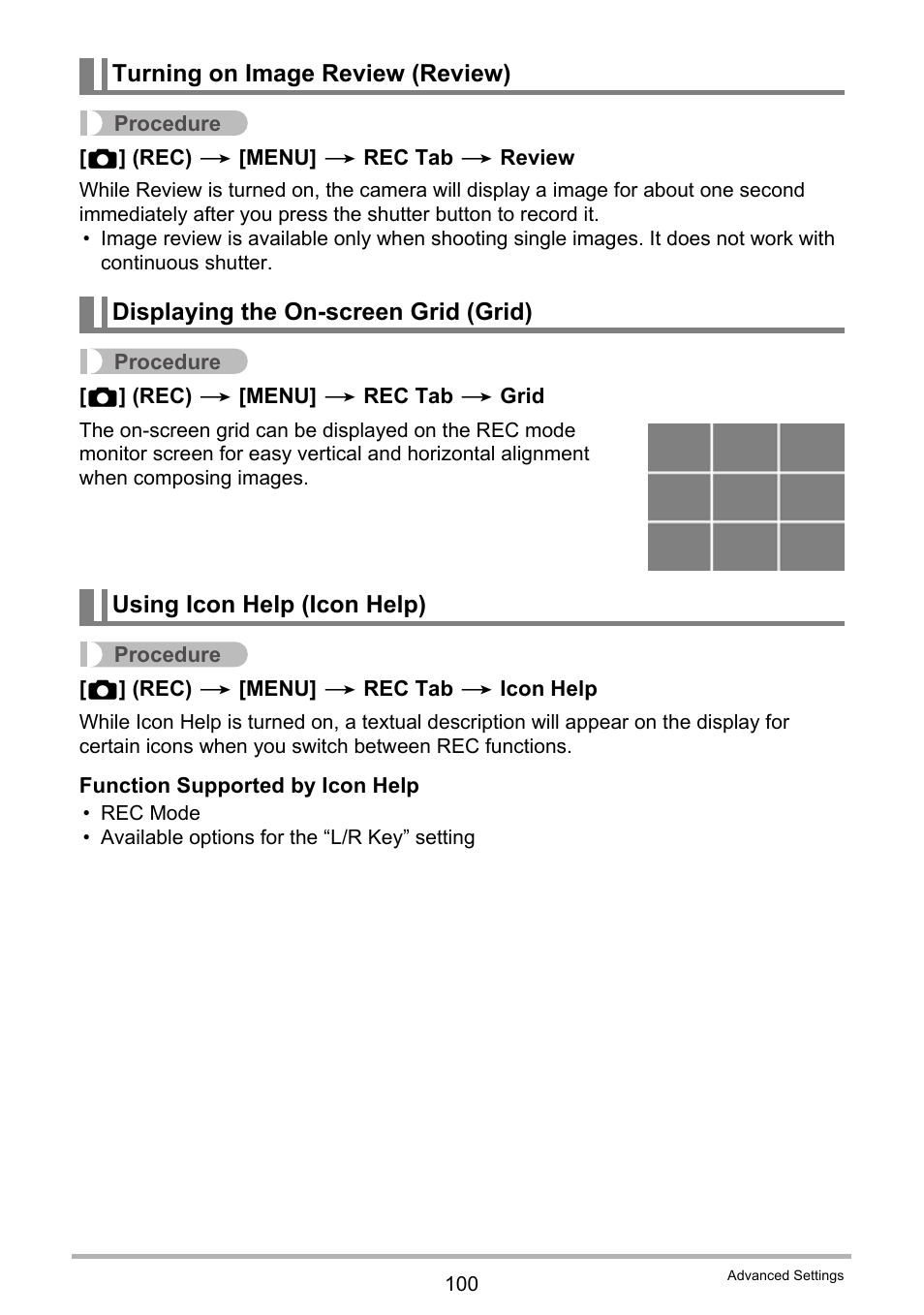 Turning on image review (review), Displaying the on-screen grid (grid), Using icon help (icon help) | Casio EXILIM EX-FH25 User Manual | Page 100 / 192