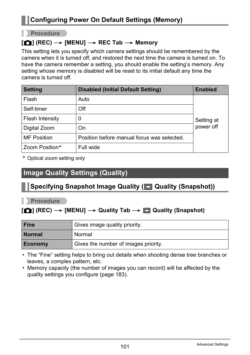 Configuring power on default settings (memory), Image quality settings (quality) | Casio EXILIM EX-FH25 User Manual | Page 101 / 192