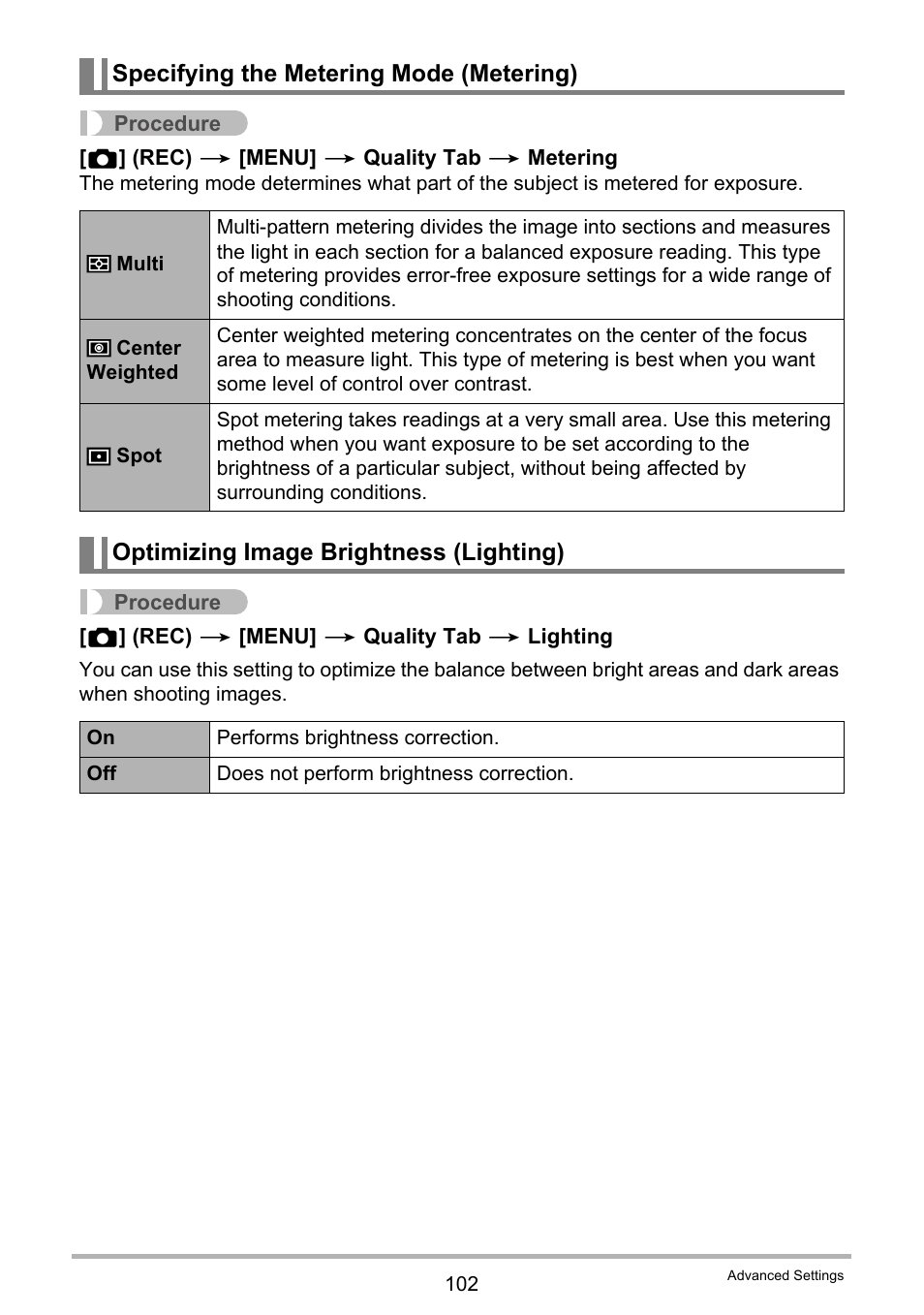 Specifying the metering mode (metering), Optimizing image brightness (lighting) | Casio EXILIM EX-FH25 User Manual | Page 102 / 192