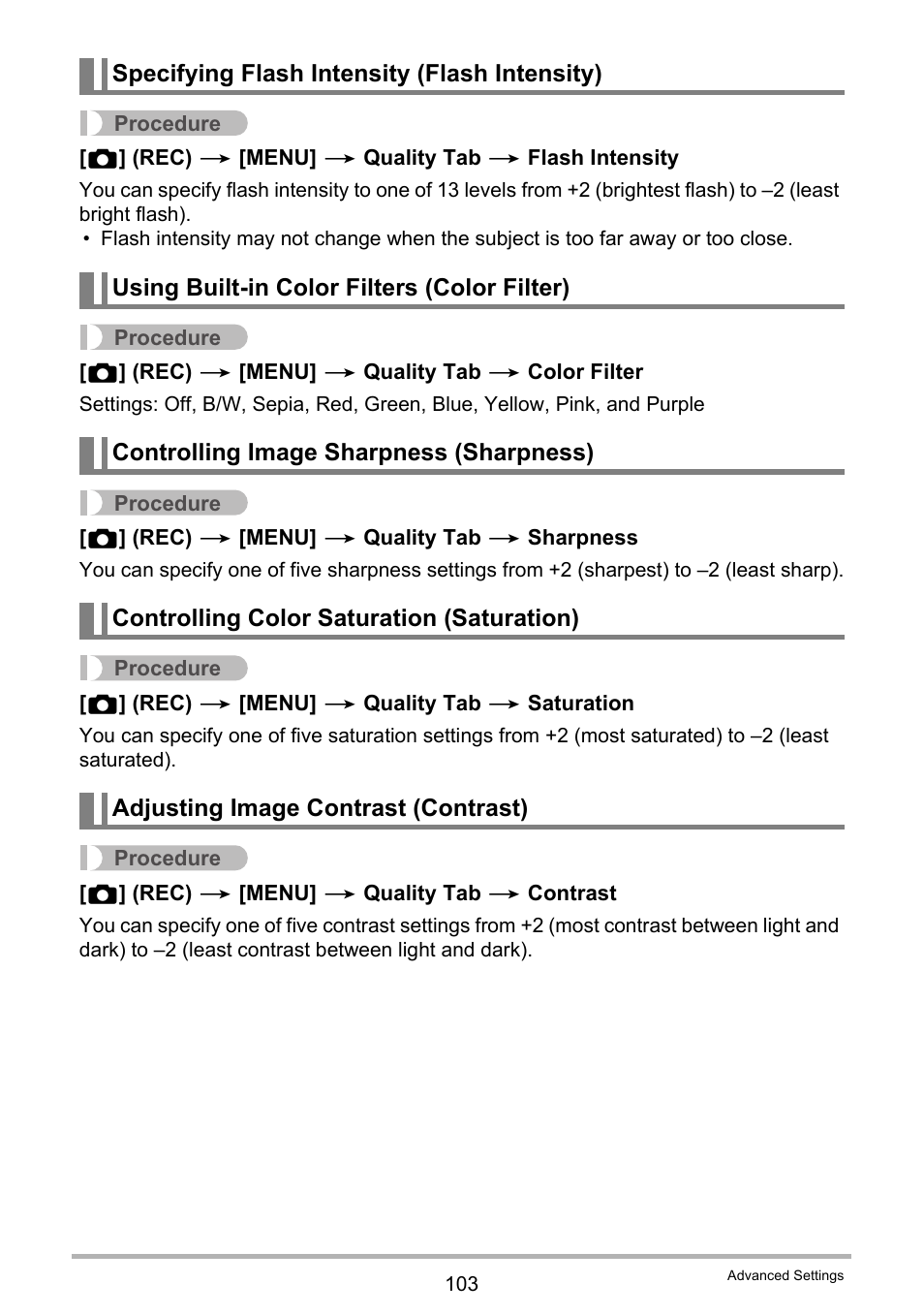 Specifying flash intensity (flash intensity), Using built-in color filters (color filter), Controlling image sharpness (sharpness) | Controlling color saturation (saturation), Adjusting image contrast (contrast) | Casio EXILIM EX-FH25 User Manual | Page 103 / 192