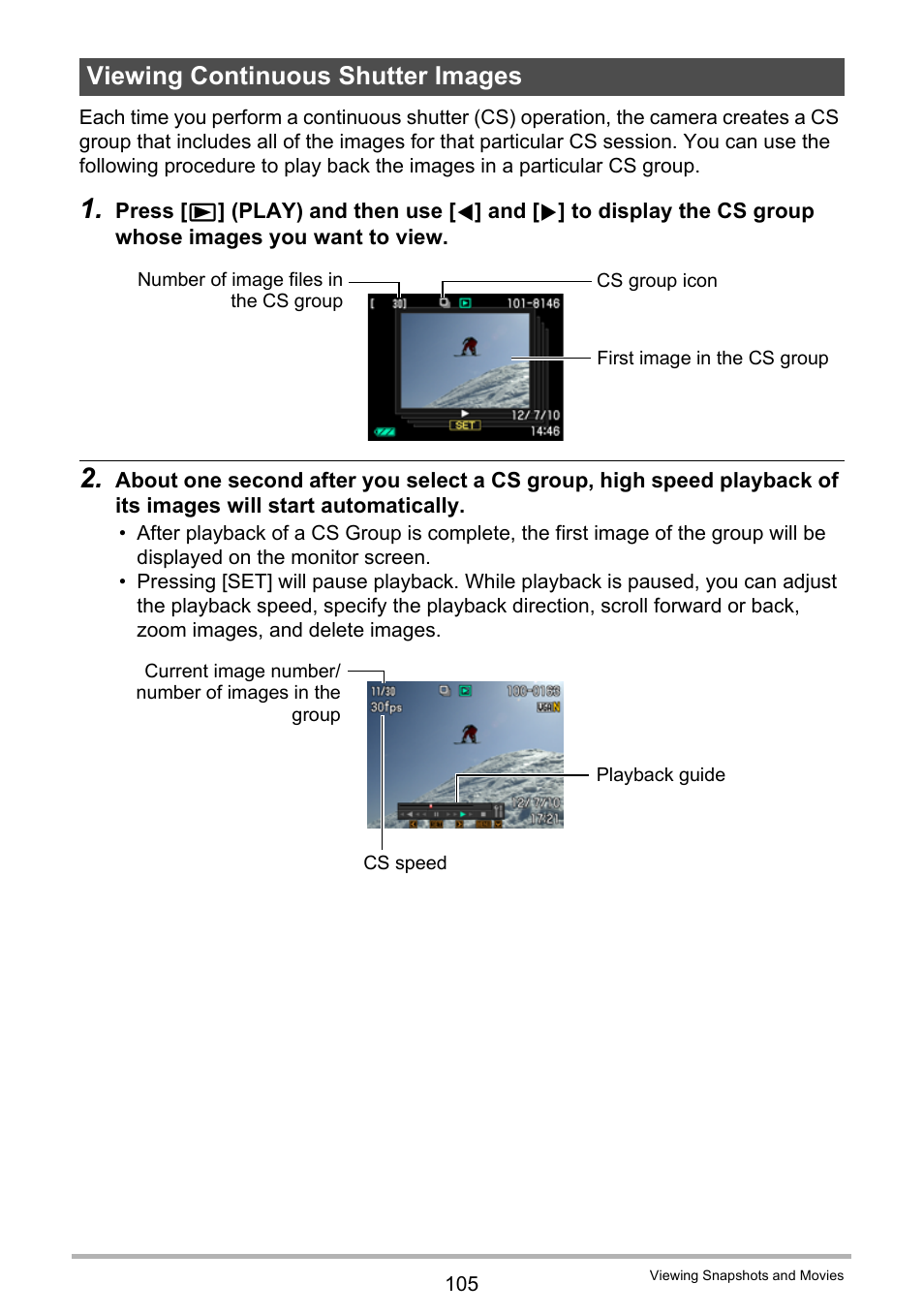 Viewing continuous shutter images | Casio EXILIM EX-FH25 User Manual | Page 105 / 192