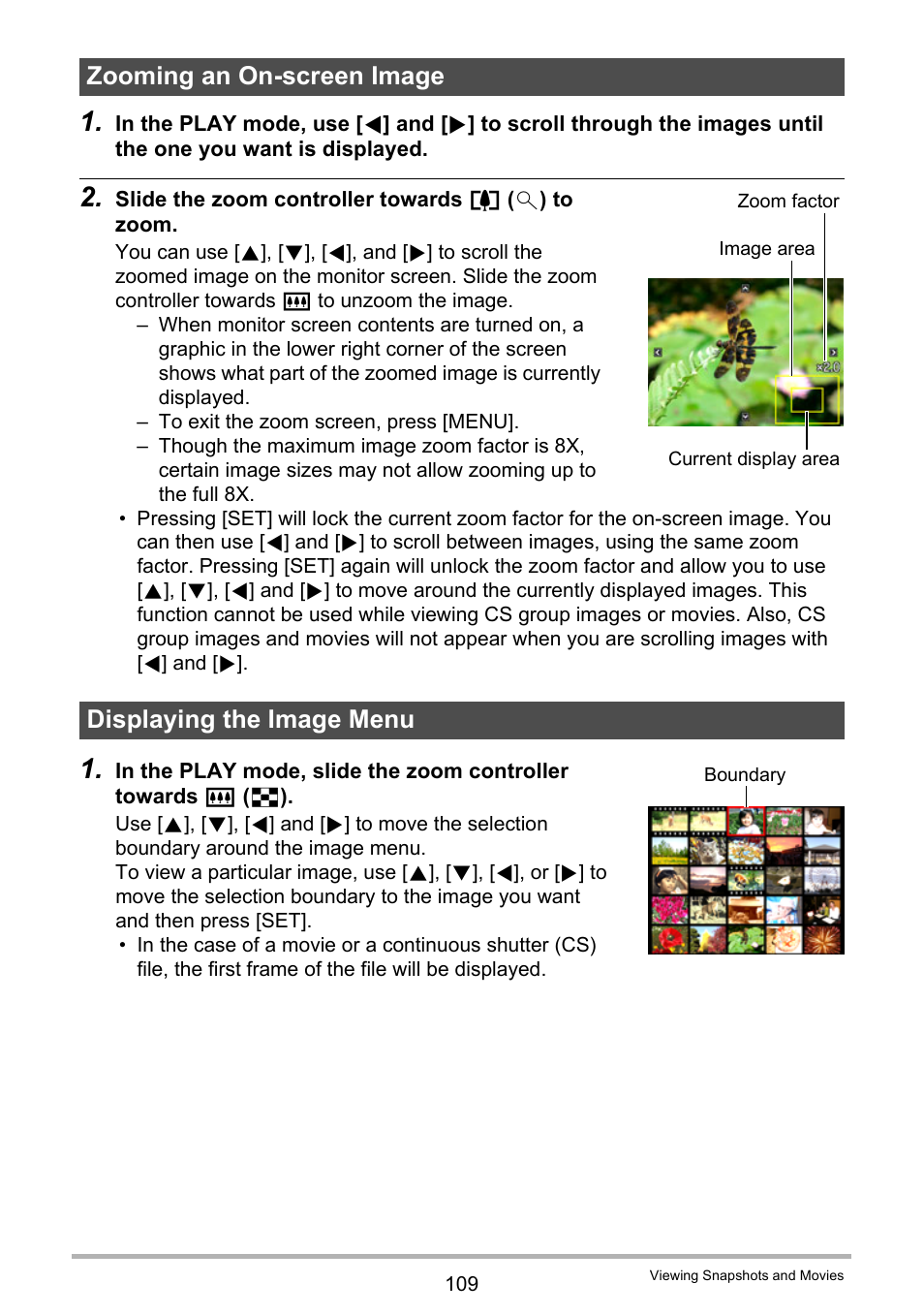 Zooming an on-screen image, Displaying the image menu, 109). if you ar | Casio EXILIM EX-FH25 User Manual | Page 109 / 192