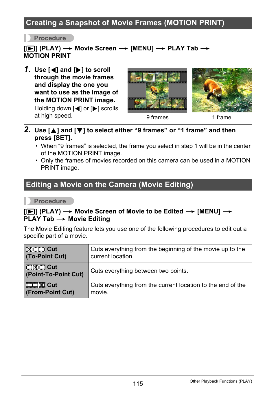 Creating a snapshot of movie frames (motion print), Editing a movie on the camera (movie editing) | Casio EXILIM EX-FH25 User Manual | Page 115 / 192