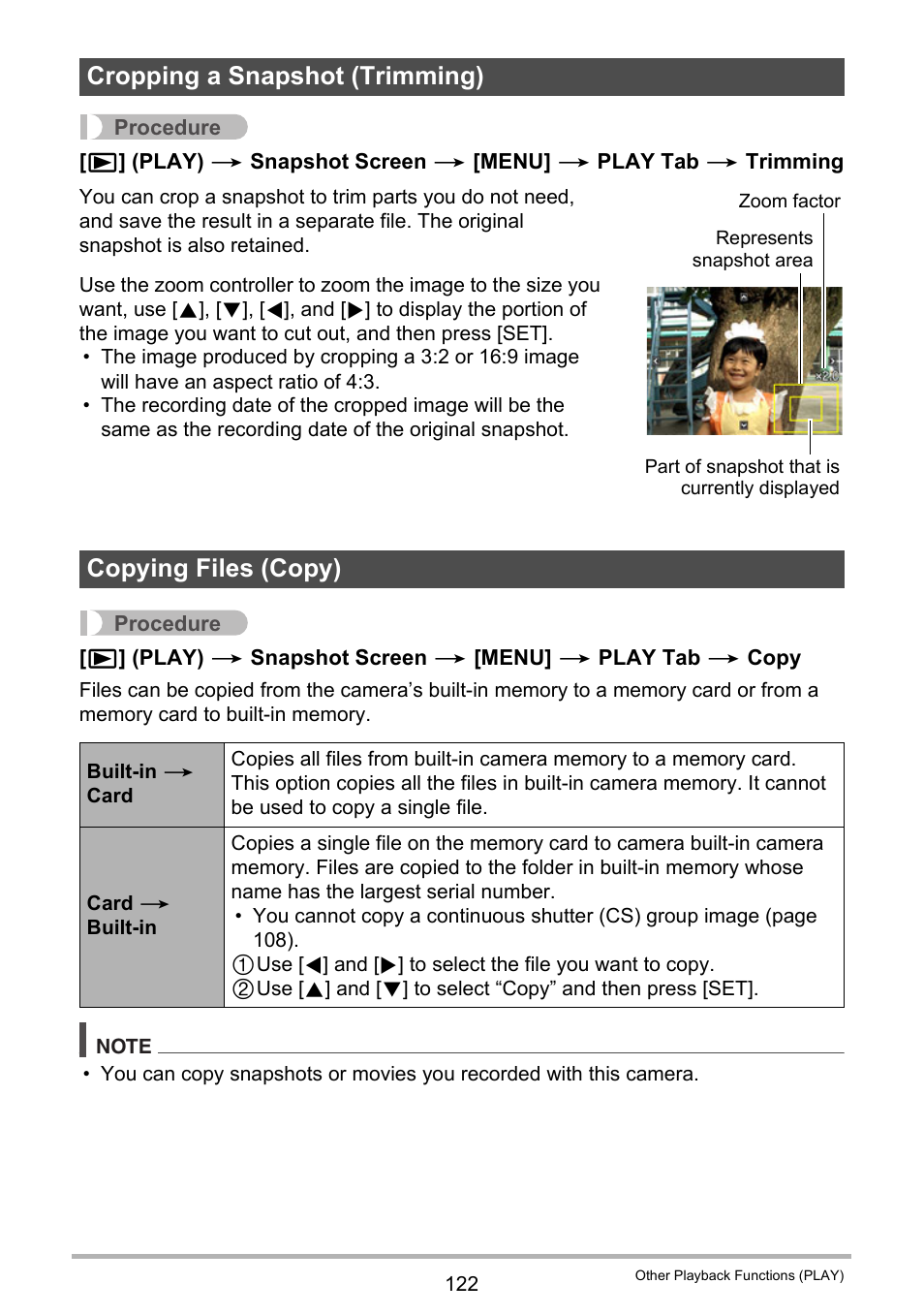 Cropping a snapshot (trimming), Copying files (copy) | Casio EXILIM EX-FH25 User Manual | Page 122 / 192