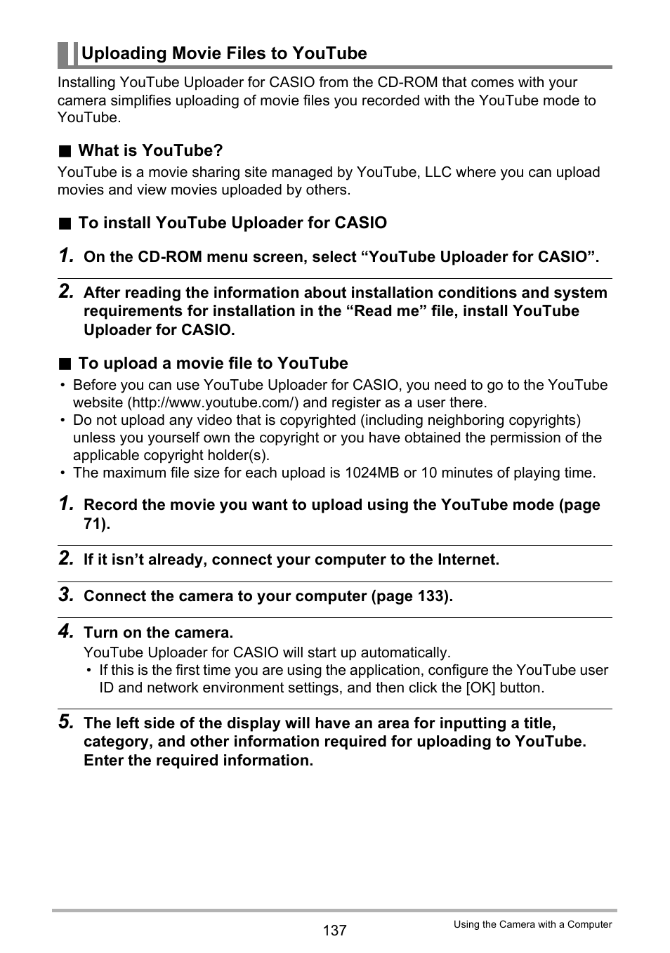 Uploading movie files to youtube | Casio EXILIM EX-FH25 User Manual | Page 137 / 192