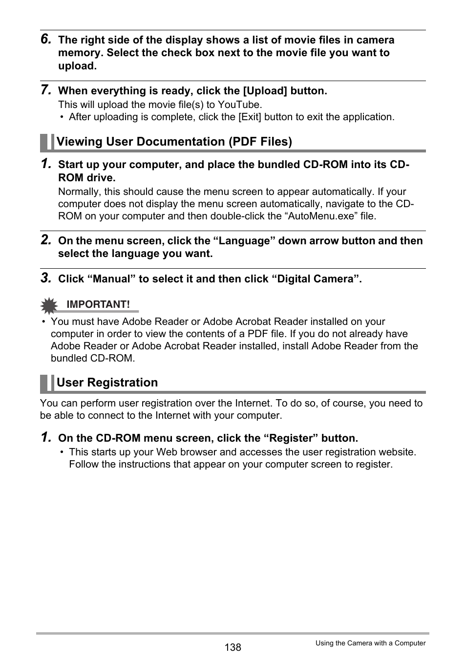 Viewing user documentation (pdf files), User registration | Casio EXILIM EX-FH25 User Manual | Page 138 / 192